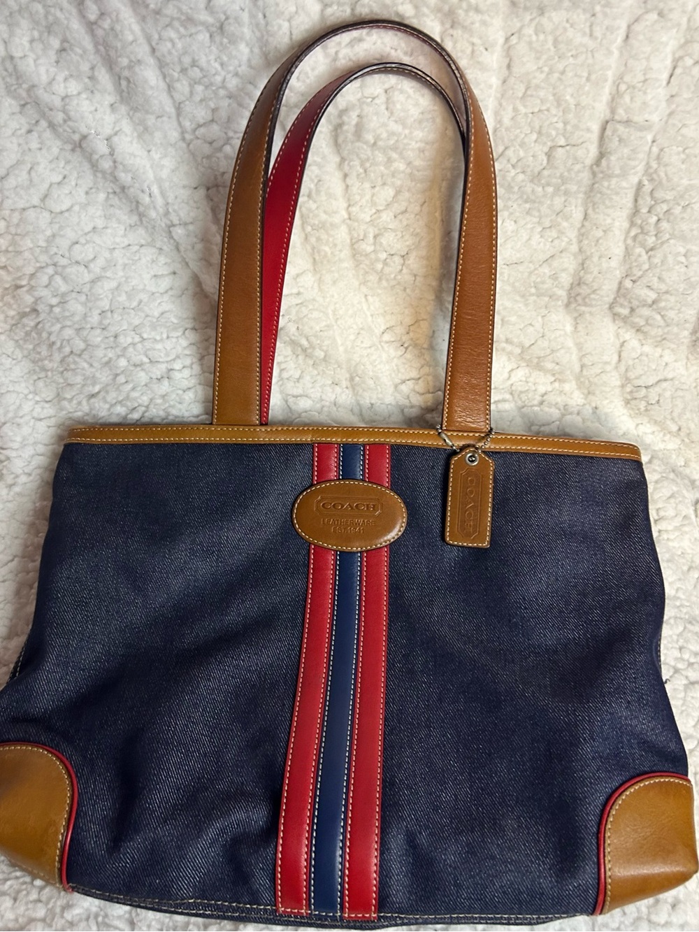 Coach Navy Denim Tote with Red and Tan Accents